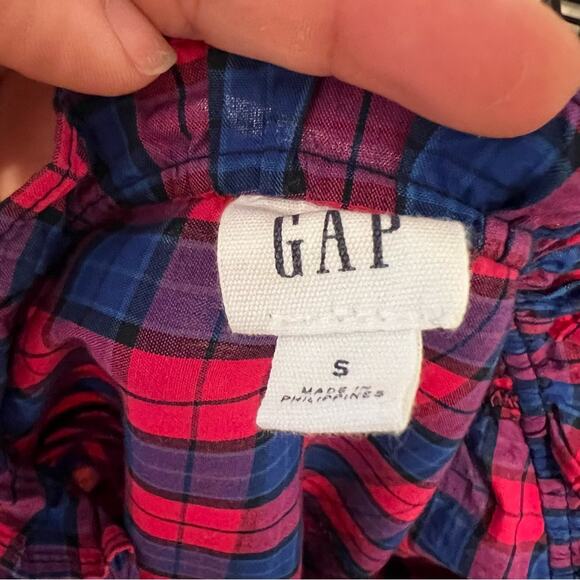 GAP Cotton Plaid Pink Blue Ruffle Popover Top, Small - Picture 6 of 7